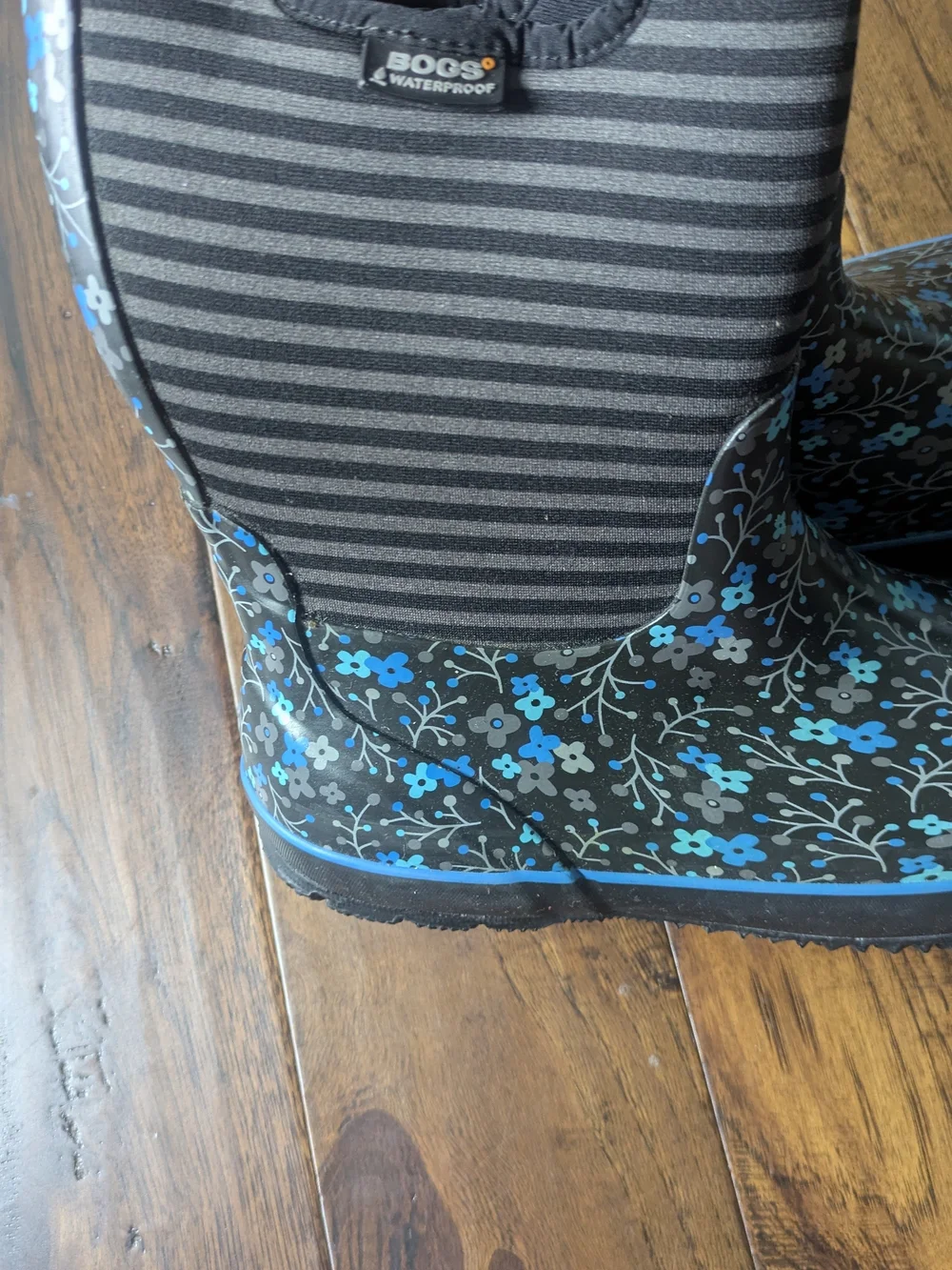 Bogs Kids Black Rain Boots with Blue Floral Print